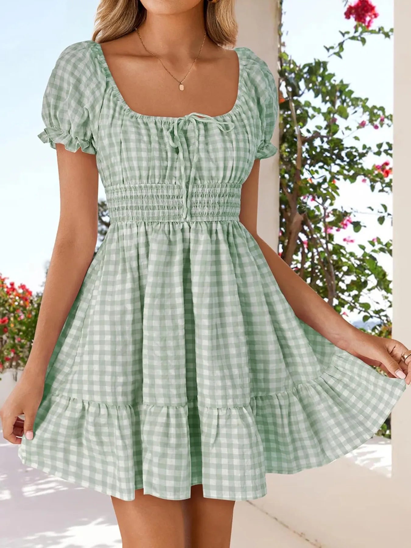 Gingham Smocked Puff Sleeve Summer Dress – view 8 | Lola Mariee