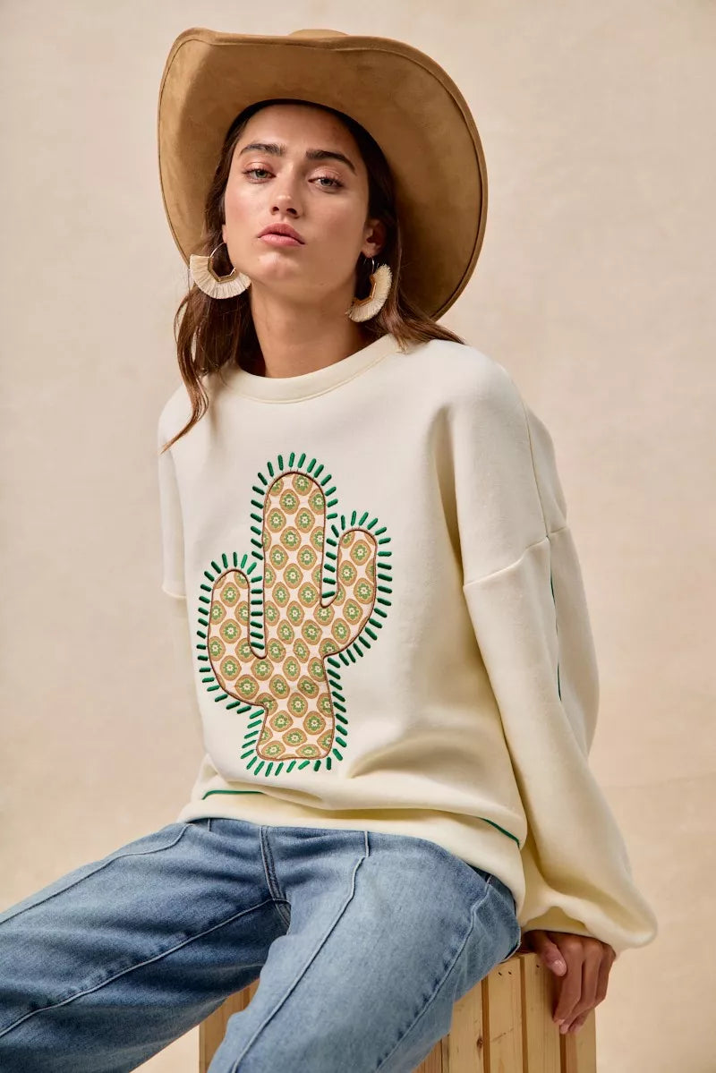 BiBi Cactus Embroidered Fleece Sweatshirt - Trendsi | Lola Mariee