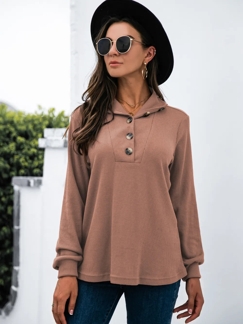 Half Button Long Sleeve T-Shirt - Trendsi | Lola Mariee