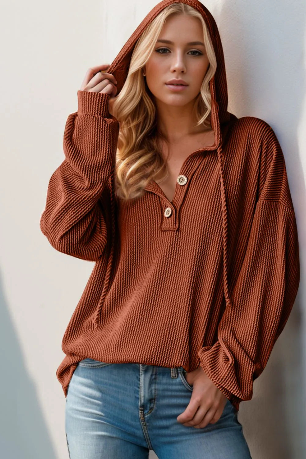 Double Take Full Size Half Button Long Sleeve Hoodie – view 7 | Lola Mariee
