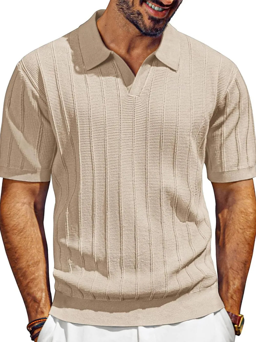 Men's Full Size Textured Collared Neck Short Sleeve Polo Plus Size - women's bottoms at Lola Mariee boutique