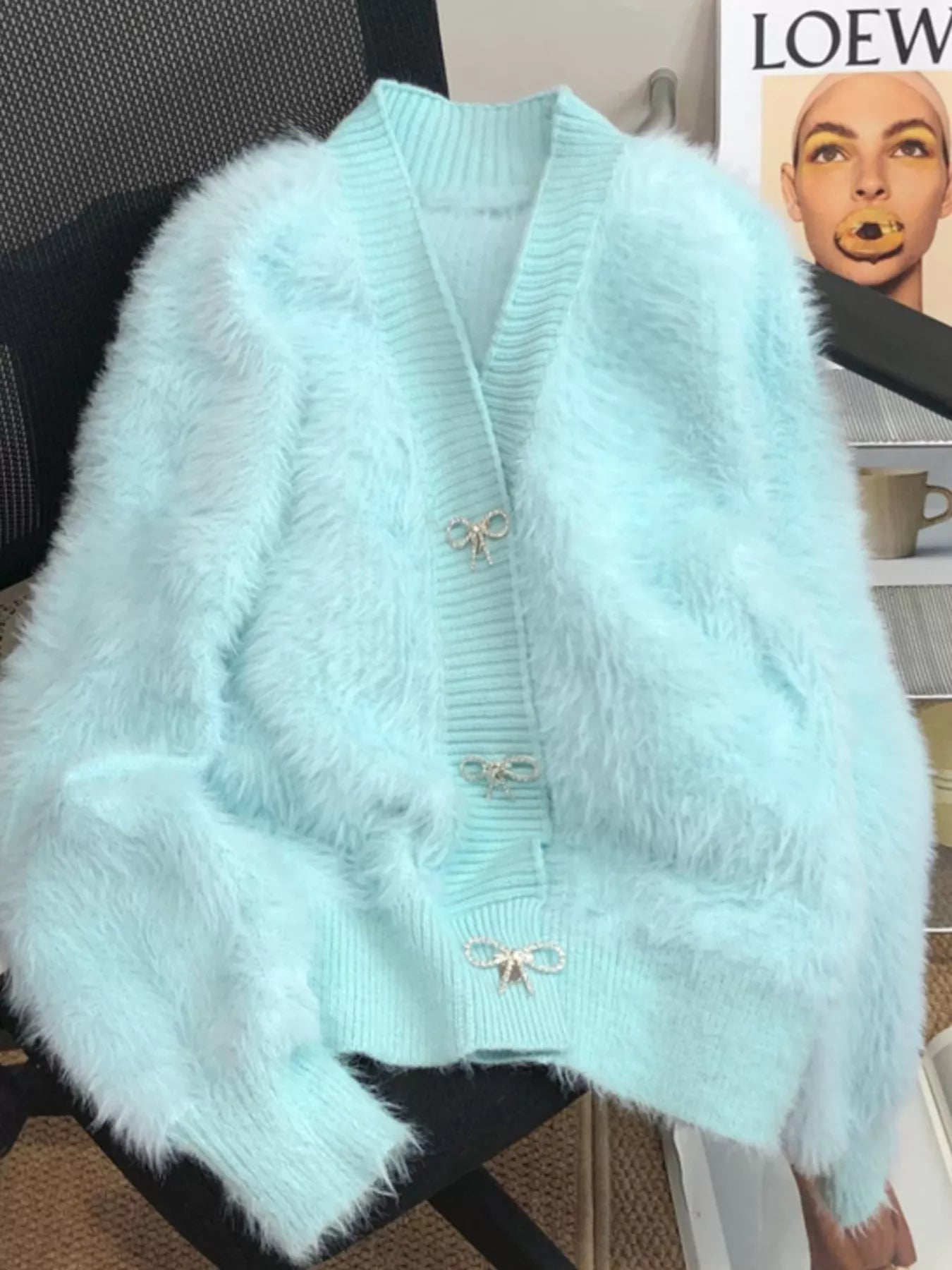 Fuzzy Bow Button Up Cardigan – view 5 | Lola Mariee