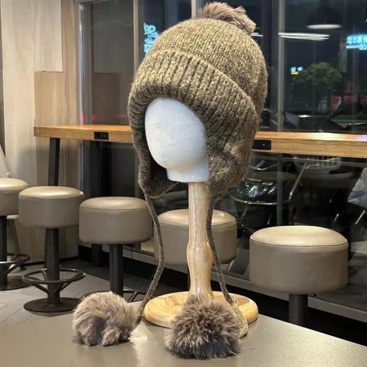 Warm Knitted Beanie Hat with Pom Pom Ear Flaps – view 6 | Lola Mariee