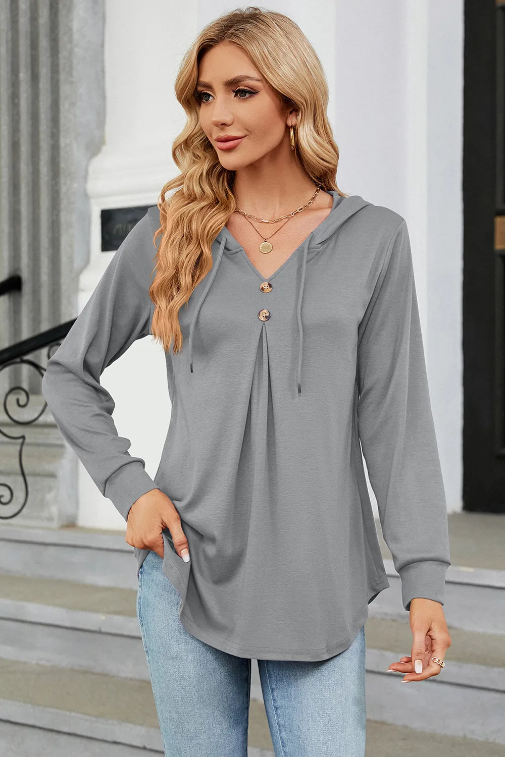 Decorative Button Drawstring Long Sleeve Hoodie - Trendsi | Lola Mariee