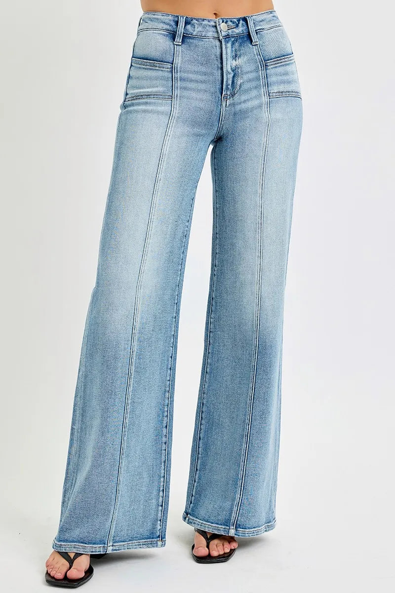 RISEN Full Size Mid Rise Wide Jeans with Front Patch Pocket Plus Size - women's bottoms at Lola Mariee boutique