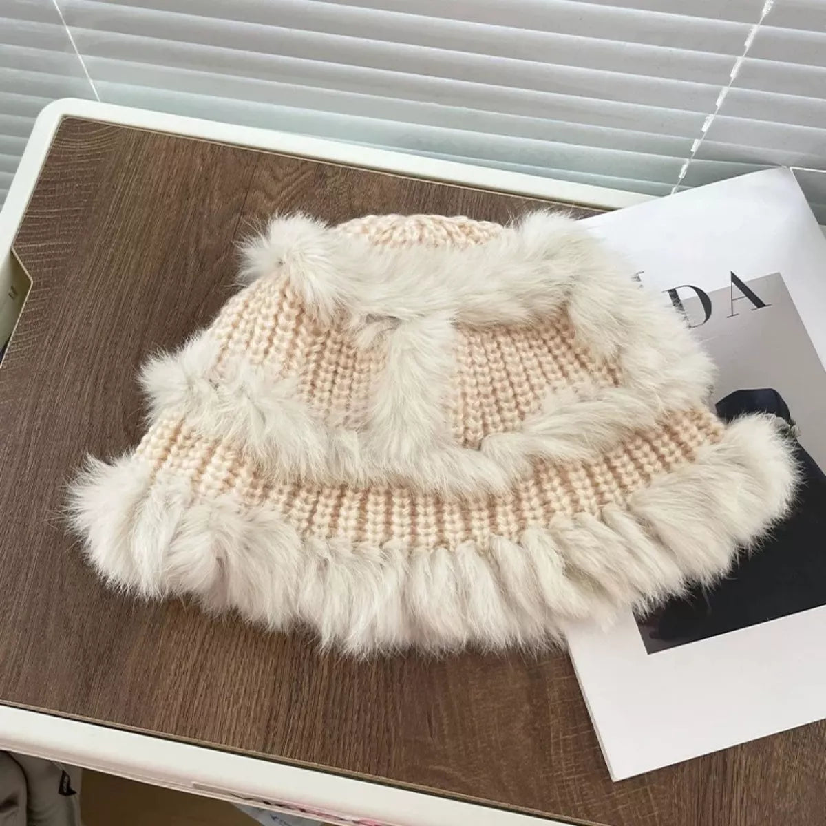 Fluffy Faux Fur Trim Knit Bucket Hat – view 4 | Lola Mariee