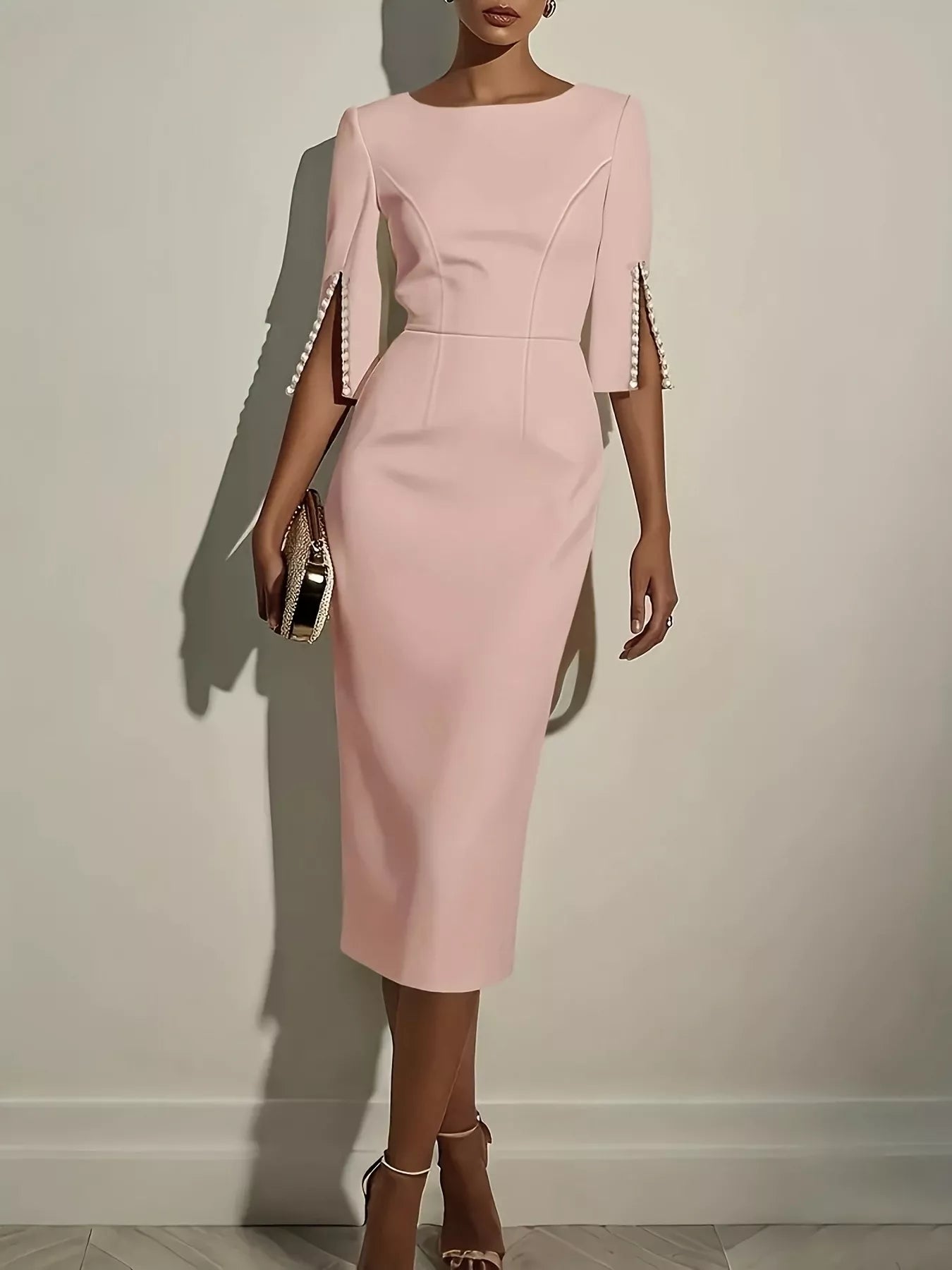 Slim-Fit Elegant Midi Dress with Beaded Slit Sleeve – view 7 | Lola Mariee