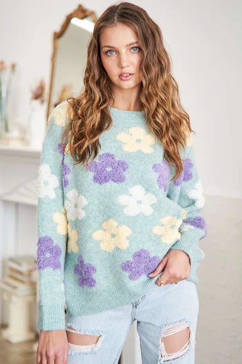 ADORA Full Size Floral Popped 2-Tone Sweater Top Plus Size | Lola Mariee