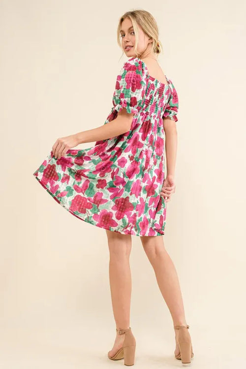 And The Why Smocked Floral Ruffle Short Sleeve Mini Dress – view 2 | Lola Mariee