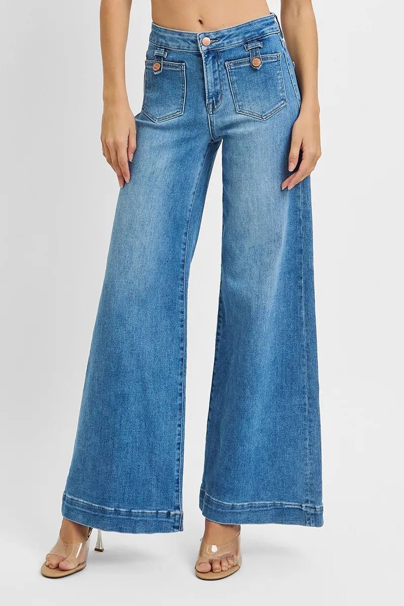 RISEN Full Size Mid Rise Wide Front Patch Pocket Jeans Plus Size - women's bottoms at Lola Mariee boutique