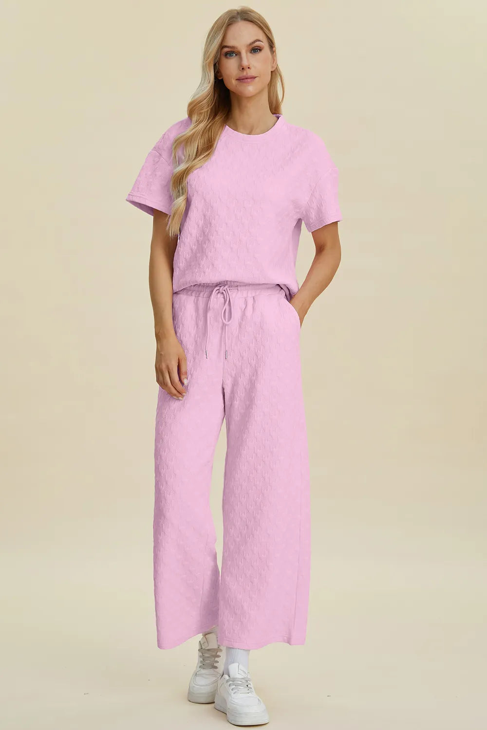 Double Take Full Size Texture Round Neck Short Sleeve Top and Pants Set – view 4 | Lola Mariee