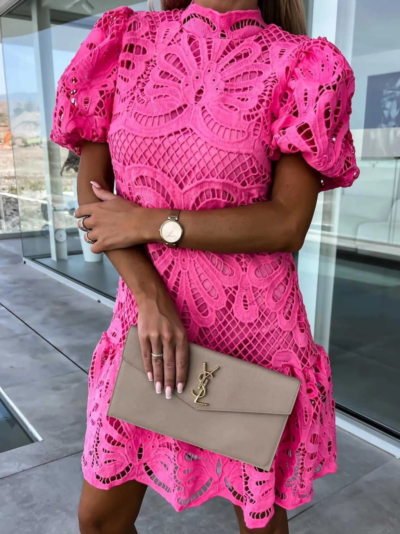 Lace Mock Neck Puff Sleeve Dress – view 4 | Lola Mariee