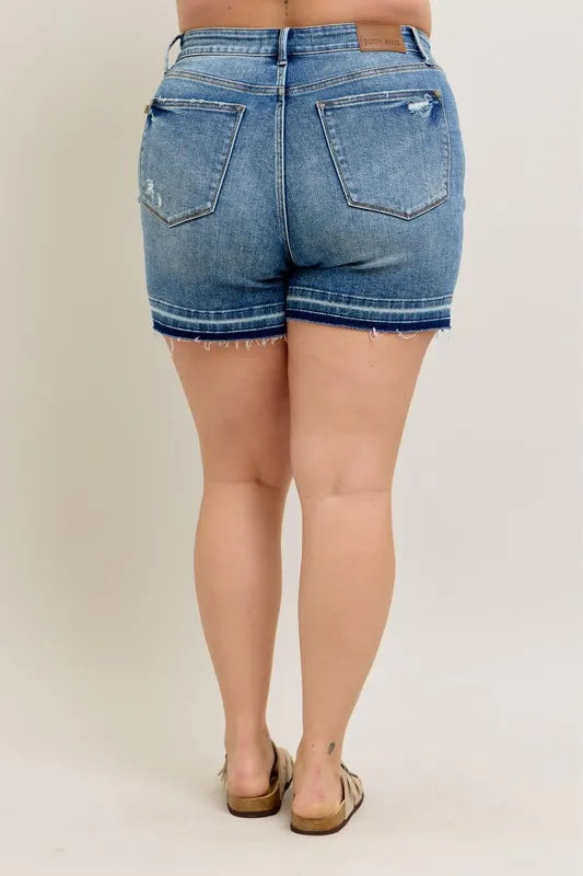 Judy Blue Plus Size Mr Tummy Control Vintage Wash Release Hem Shorts – view 3 | Lola Mariee