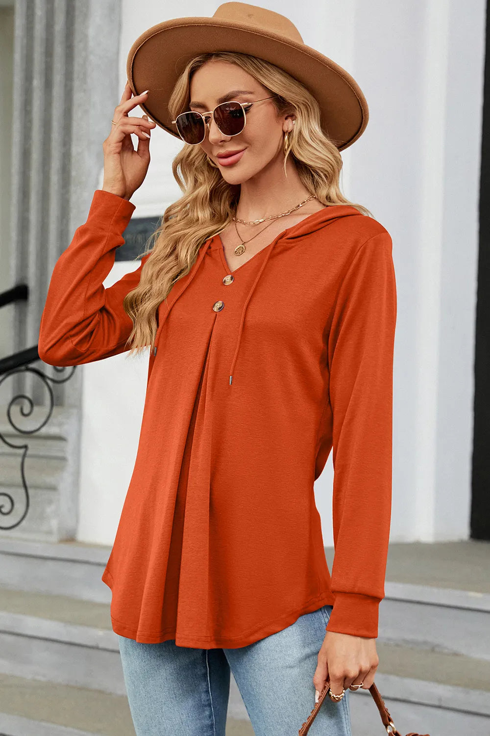Decorative Button Drawstring Long Sleeve Hoodie - Trendsi | Lola Mariee