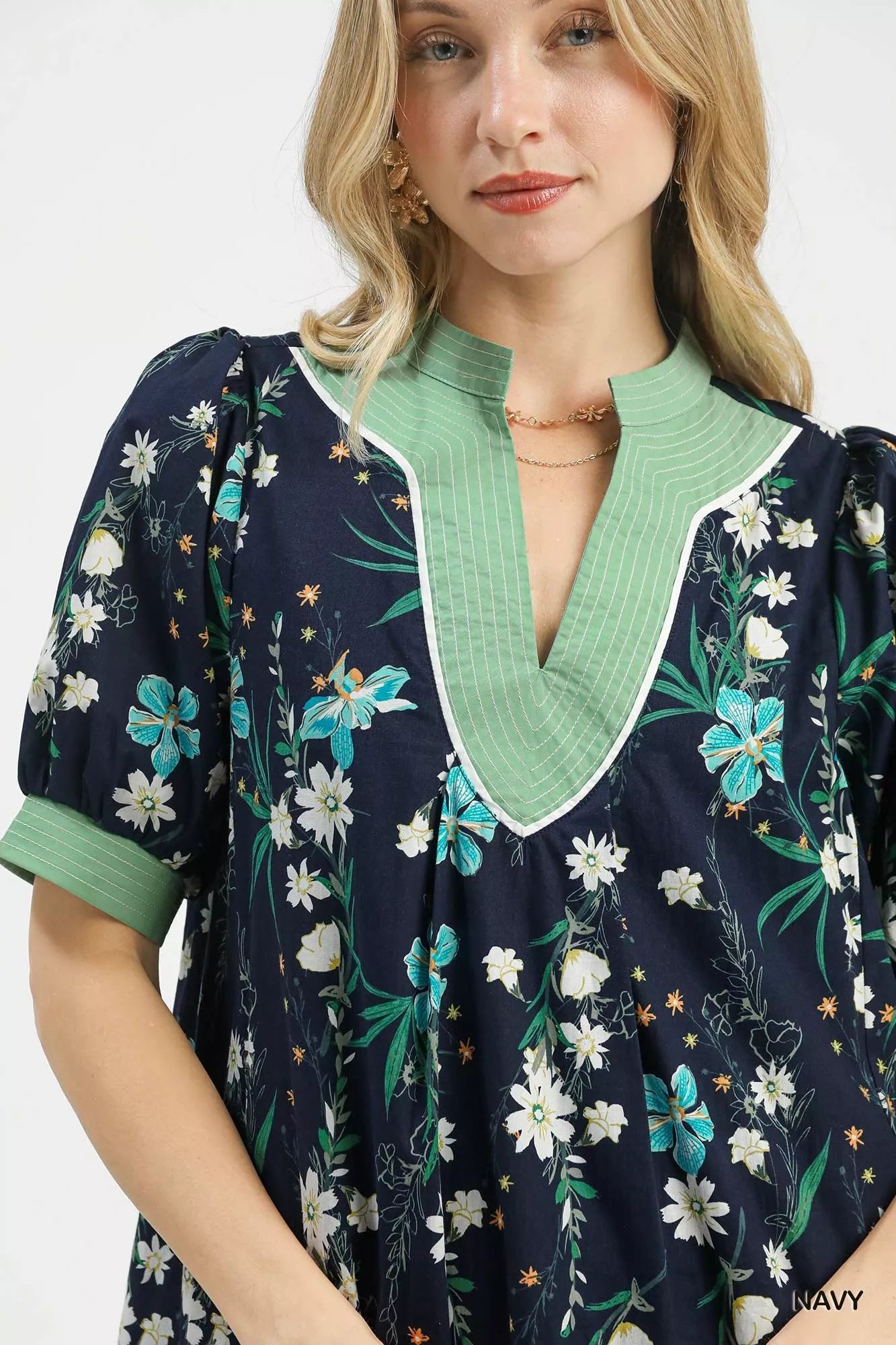 Umgee Floral Puff Sleeve Dress with Contrast Trim - Trendsi | Lola Mariee