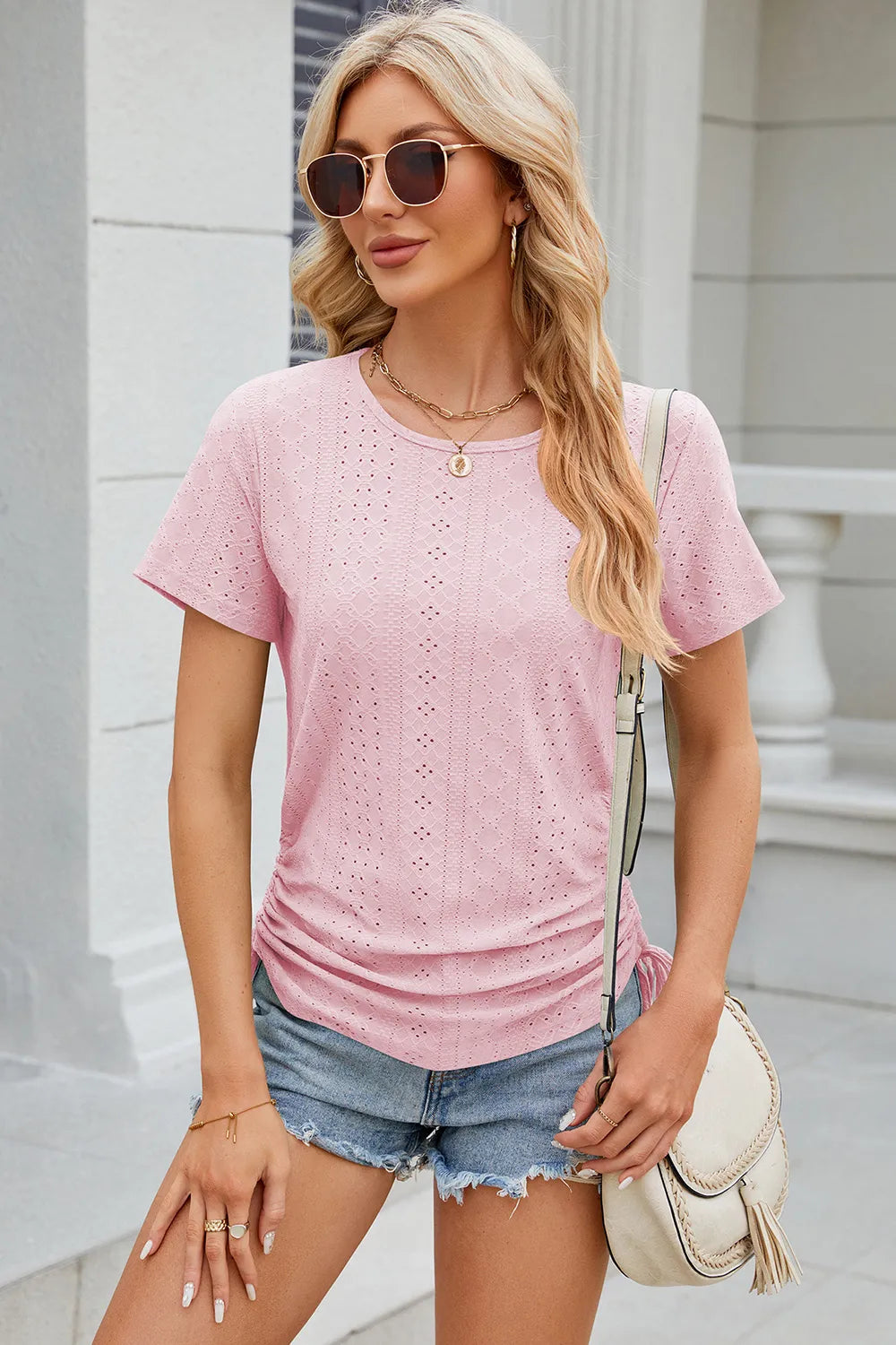 Eyelet Round Neck Short Sleeve T-Shirt - Trendsi | Lola Mariee