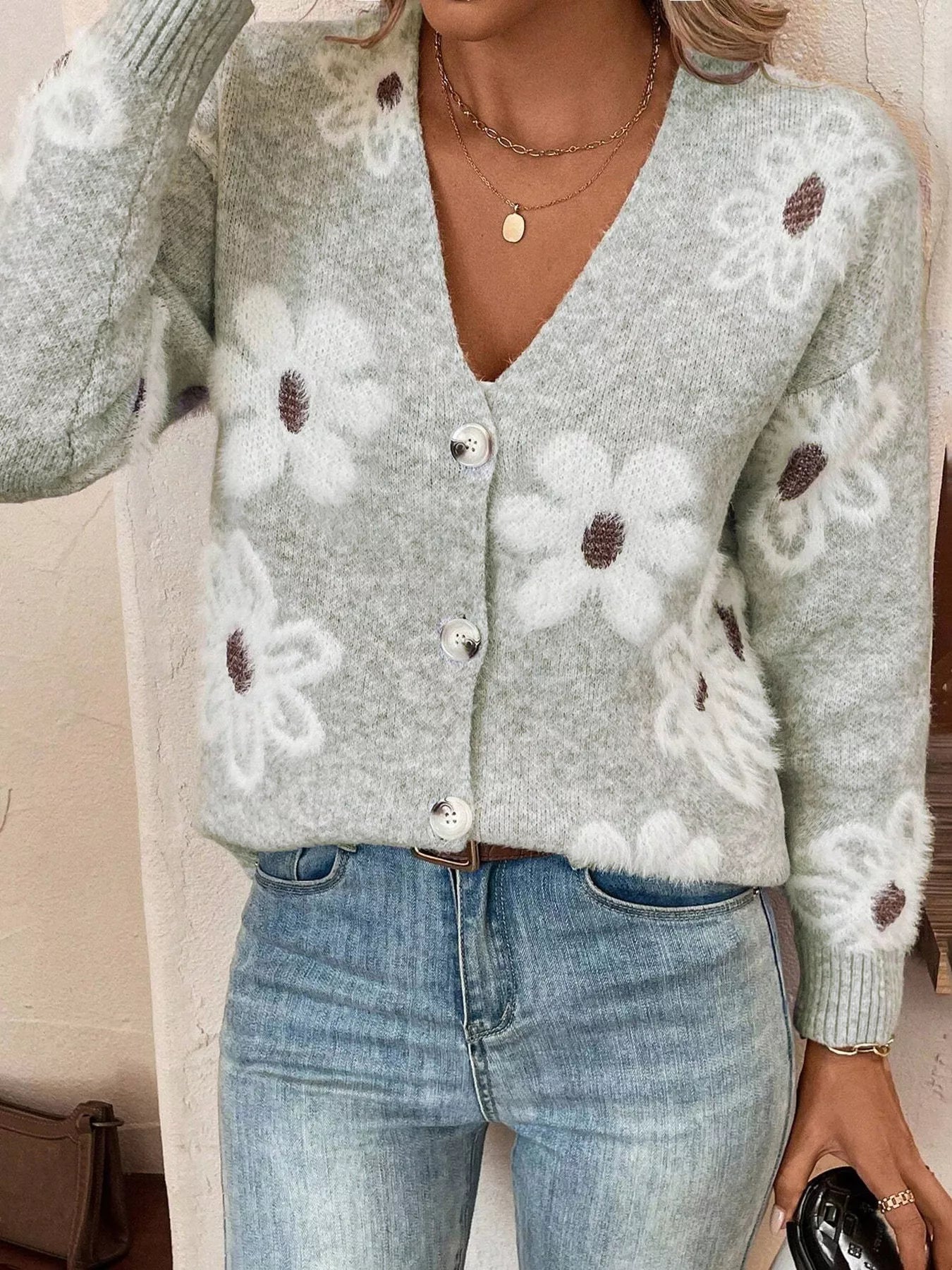 Floral Print Button-Up Knit Cardigan – view 3 | Lola Mariee