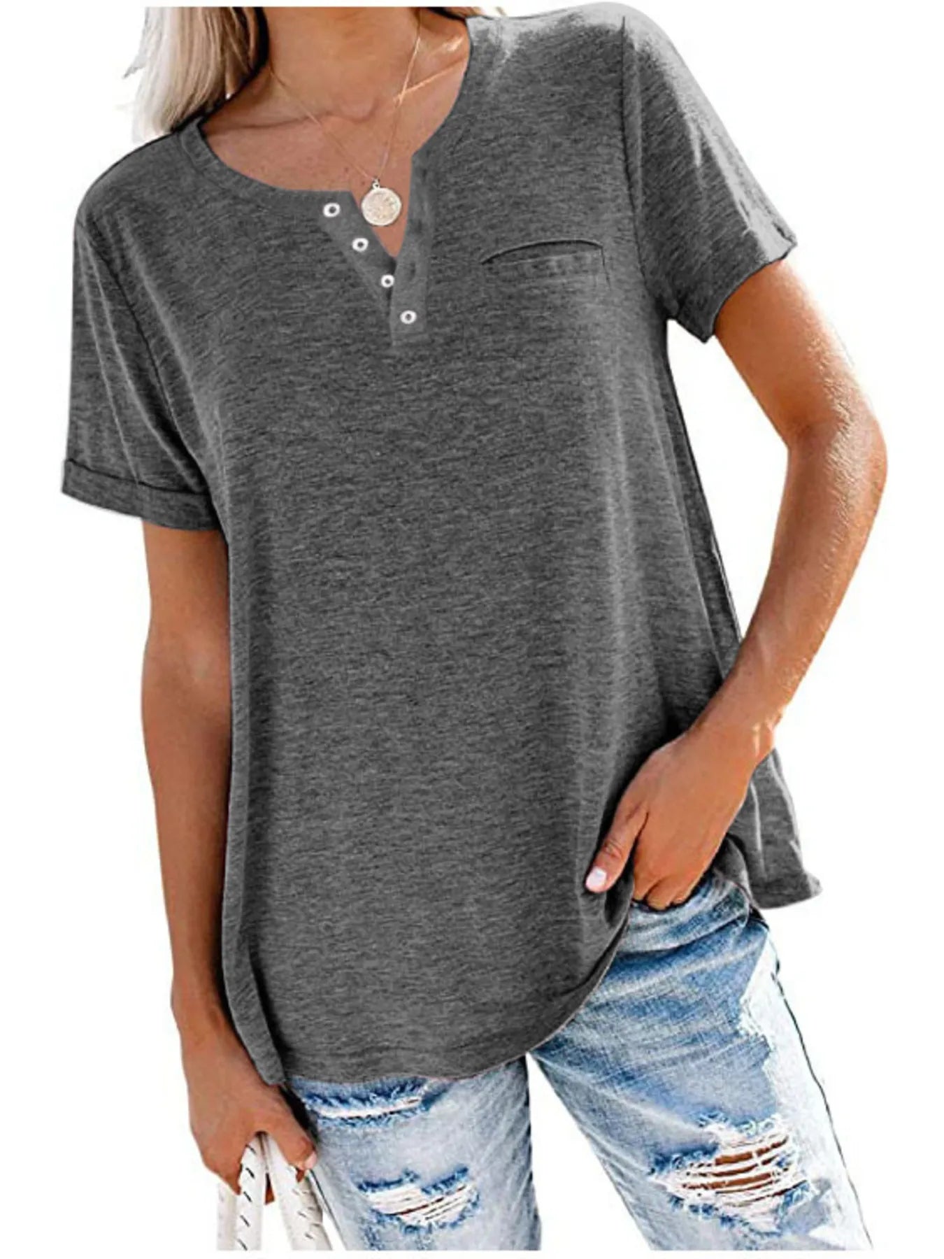 Full Size Notched Short Sleeve T-Shirt Plus Size – view 10 | Lola Mariee