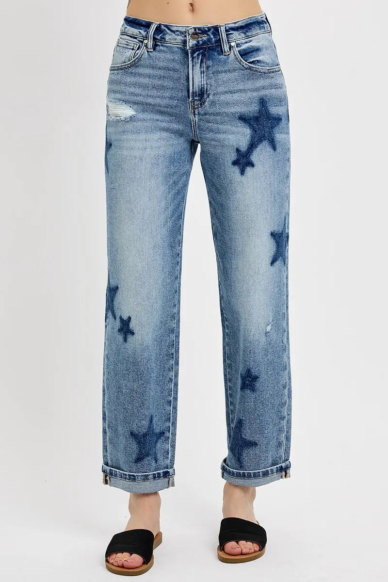RISEN Full Size Mid Rise Boyfriend Star Shadow Detail Cuffed Jeans Plus Size - women's bottoms at Lola Mariee boutique
