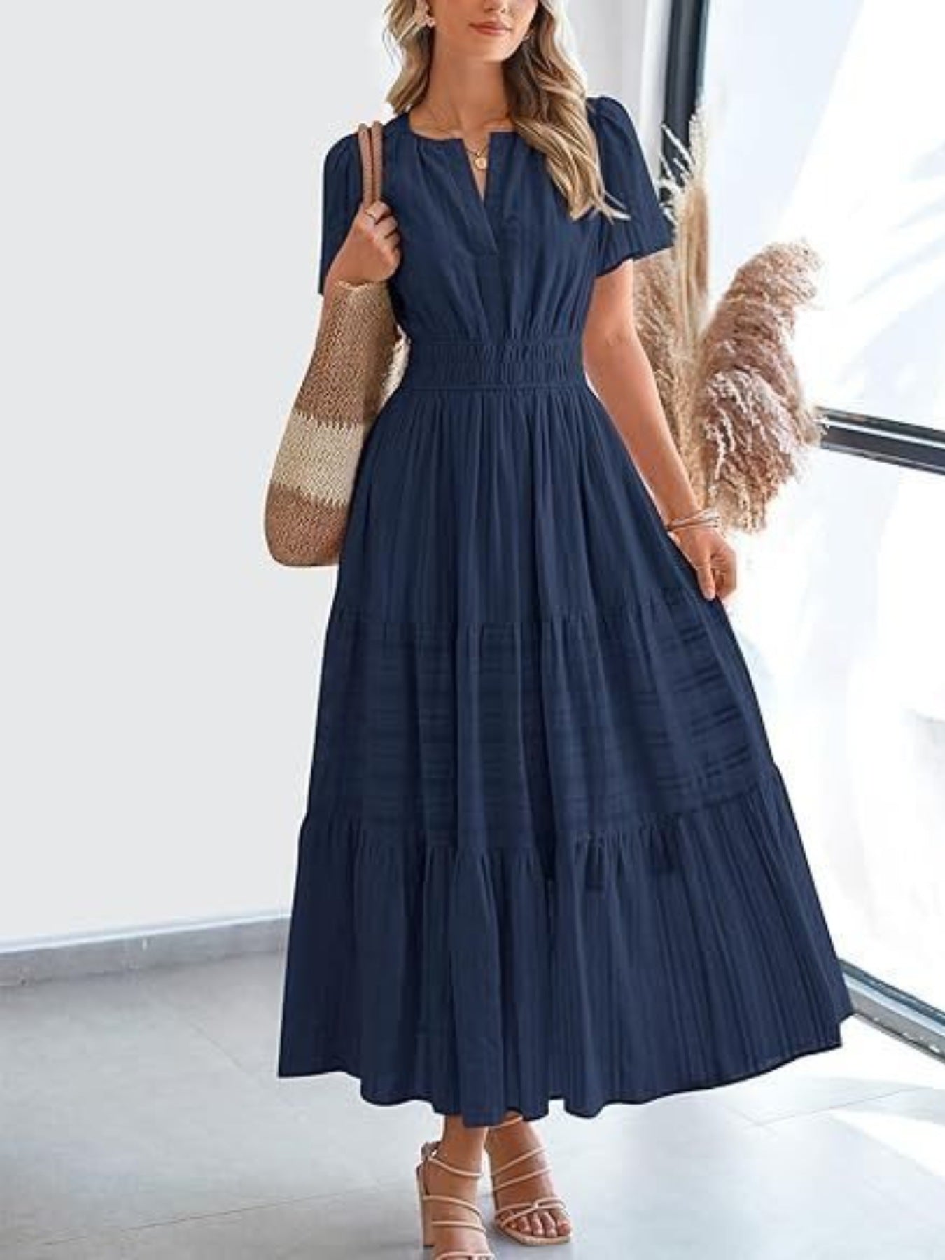 Notched Short Sleeve Tiered Dress – view 5 | Lola Mariee