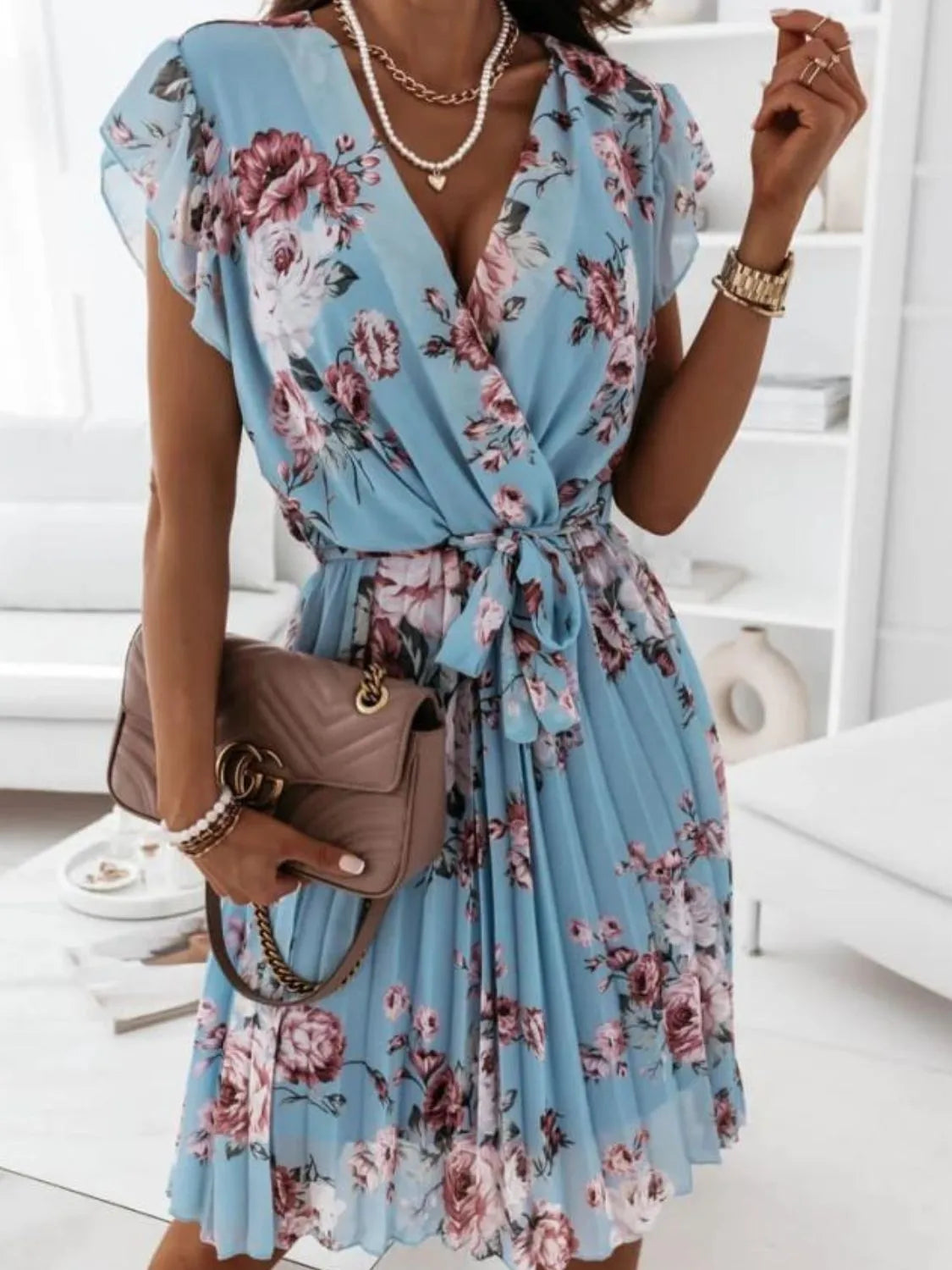Floral Surplice Ruffled Cap Sleeve Dress - Trendsi | Lola Mariee