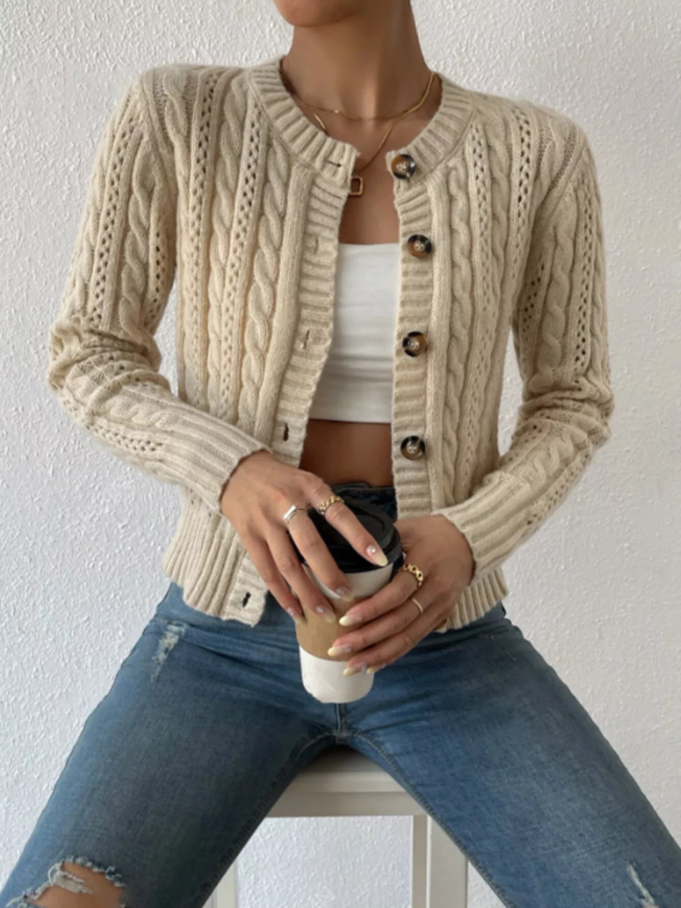 Cable Knit Button-Up Cardigan – view 7 | Lola Mariee