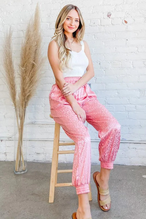 And The Why Satin Leopard Print Joggers – view 2 | Lola Mariee