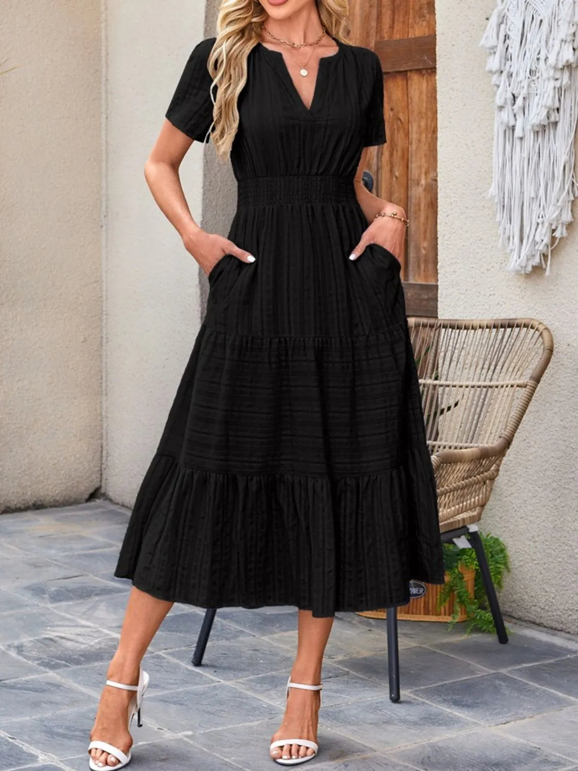Tiered Notched Short Sleeve Dress – view 10 | Lola Mariee