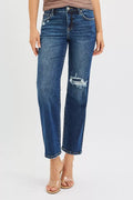 RISEN High Rise Crop Slim Straight Jenas with Hidden Knee Patch - women's top at Lola Mariee boutique