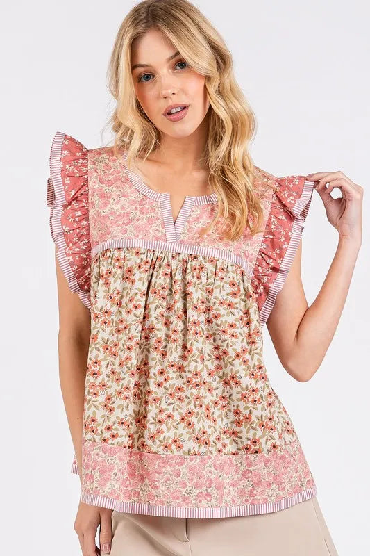 Mittoshop Floral Notched Ruffled Cap Sleeve Blouse | Lola Mariee