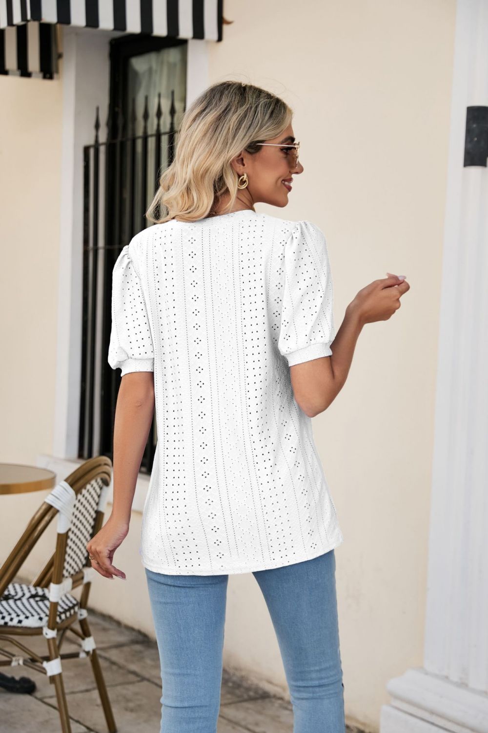 Eyelet Puff Sleeve V-Neck Top - Trendsi | Lola Mariee