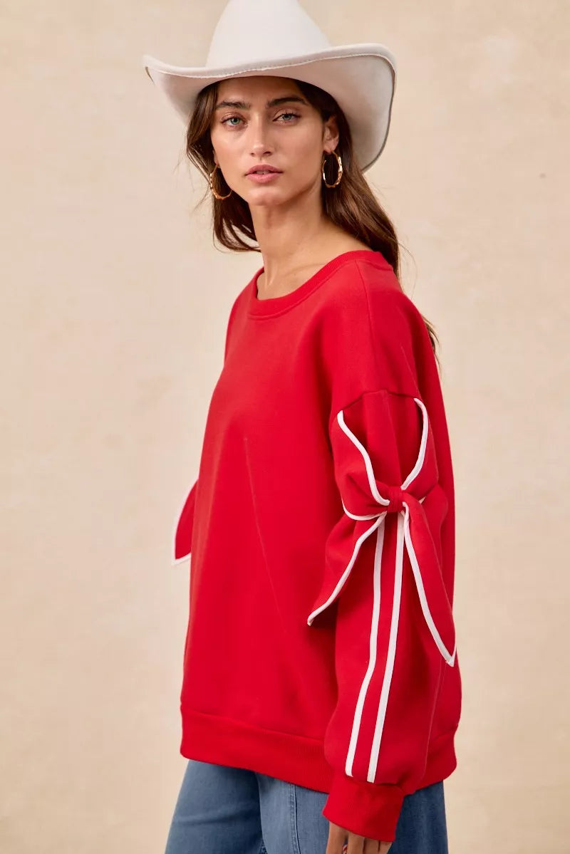 BiBi Bow Detail Sleeves Fleece Sweatshirt - Trendsi | Lola Mariee
