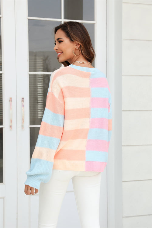 Angel Wings Round Neck Long Sleeve Color Block Dropped Shoulder Pullover Sweater – view 2 | Lola Mariee