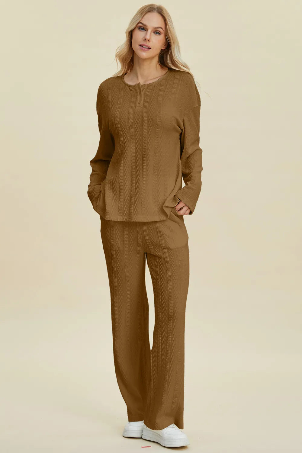 Double Take Full Size Cable-Knit Long Sleeve Top and Pants Set – view 9 | Lola Mariee