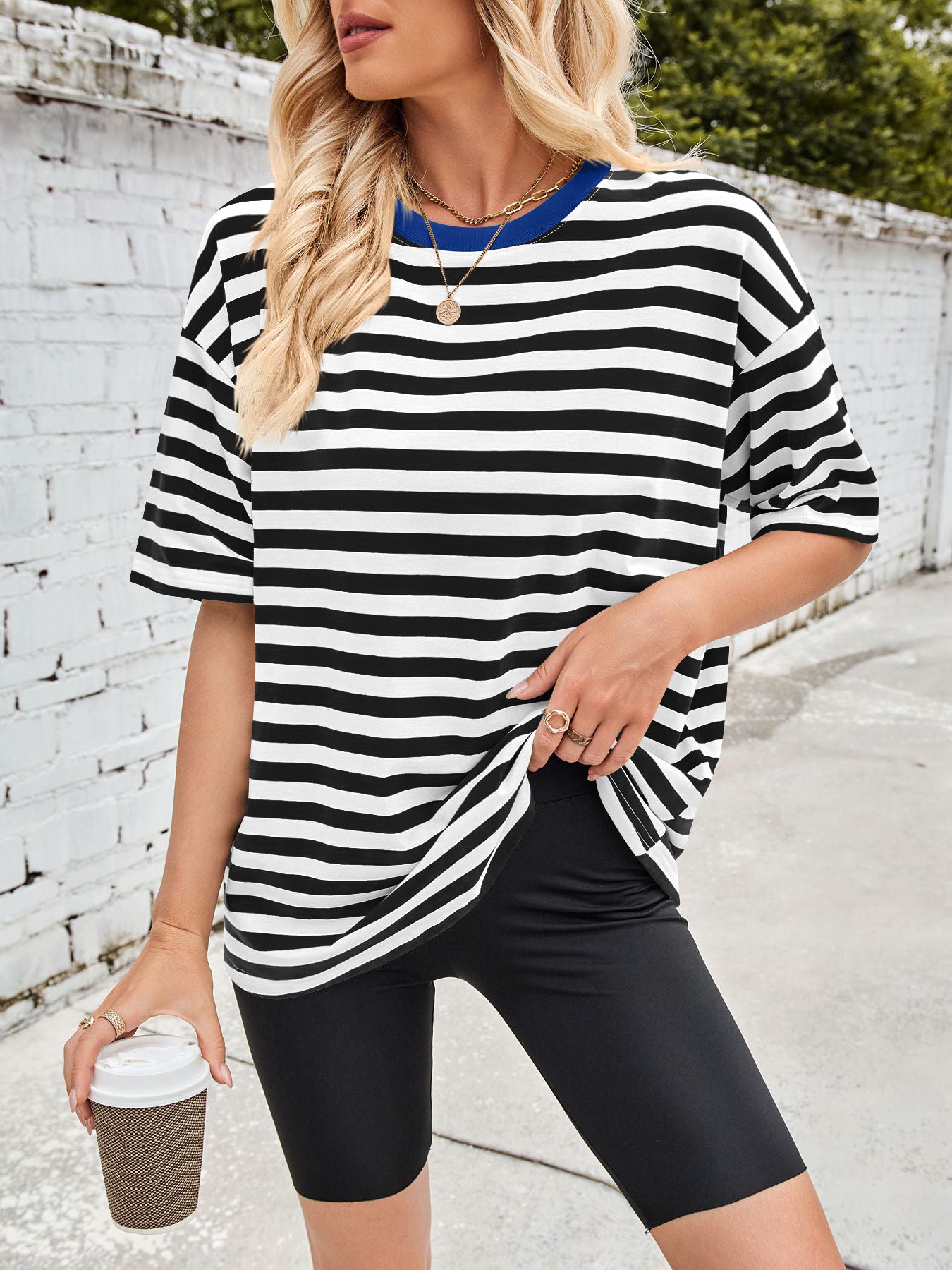 Striped Round Neck Half Sleeve T-Shirt – view 6 | Lola Mariee