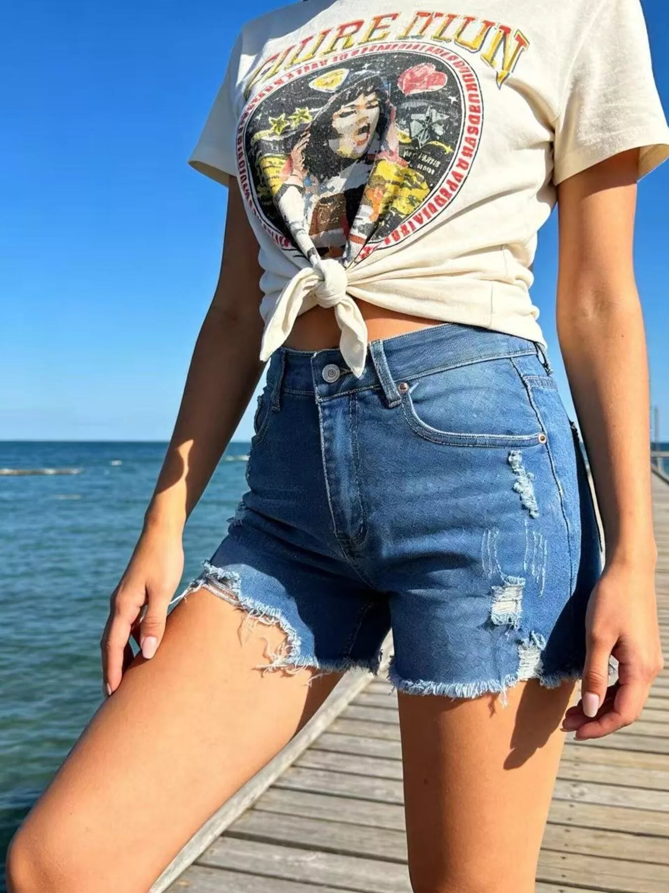 Distressed Frayed Hem Denim Shorts – view 4 | Lola Mariee