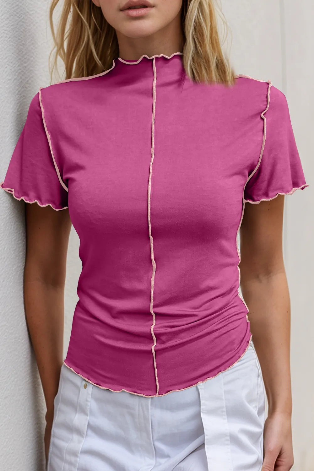 Basic Bae Contrast Trim Mock Neck Short Sleeve T-Shirt – view 5 | Lola Mariee