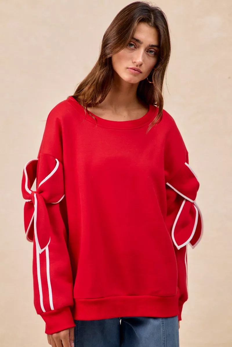 BiBi Bow Detail Sleeves Fleece Sweatshirt - Trendsi | Lola Mariee