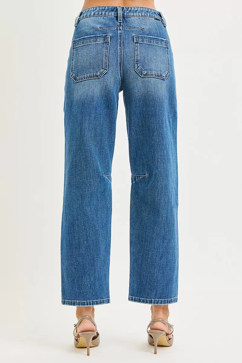 RISEN 4 Way Stretch Mid Rise Barrel Jeans with Patch Pocket Detail - LOLA MARIEE | Lola Mariee
