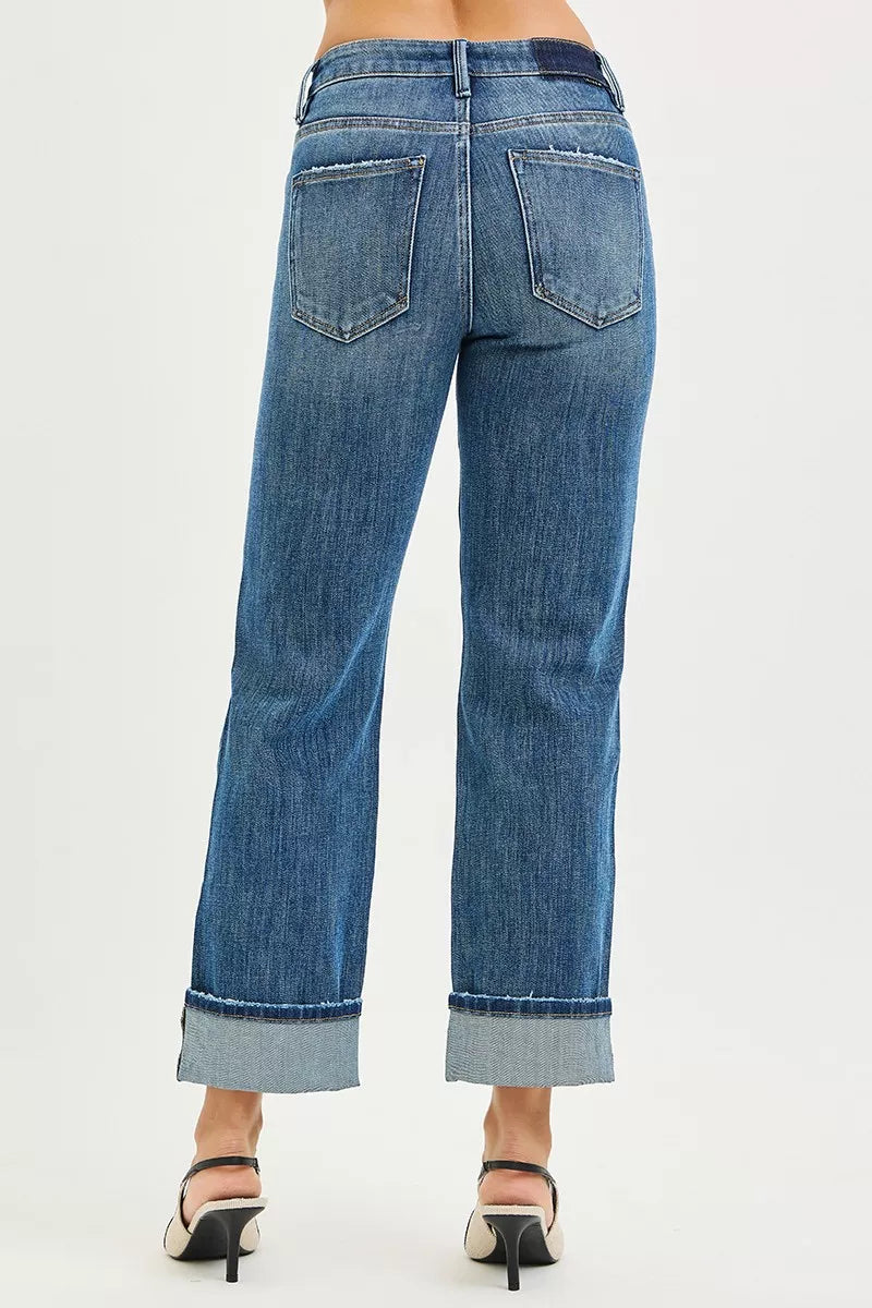 RISEN Full Size 4 Way Stretch Slouchy Straight Jeans with Cuffed Hem Plus Size - LOLA MARIEE | Lola Mariee