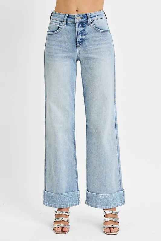 RISEN Full Size Tummy Control High Rise Ankle Wide Cuffed Jeans Plus Size - women's bottoms at Lola Mariee boutique
