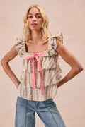 BiBi Floral Printed Woven Front Bow Tied Ruffled Square Neck Sleeveless Top - Trendsi | Lola Mariee