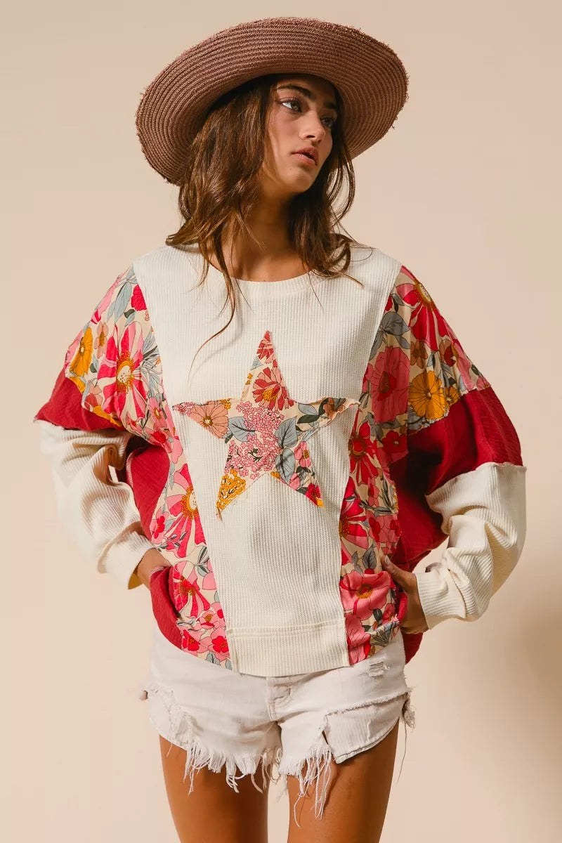 BiBi Floral Print Mixed Star Patch Round Neck Sweatshirt - Trendsi | Lola Mariee