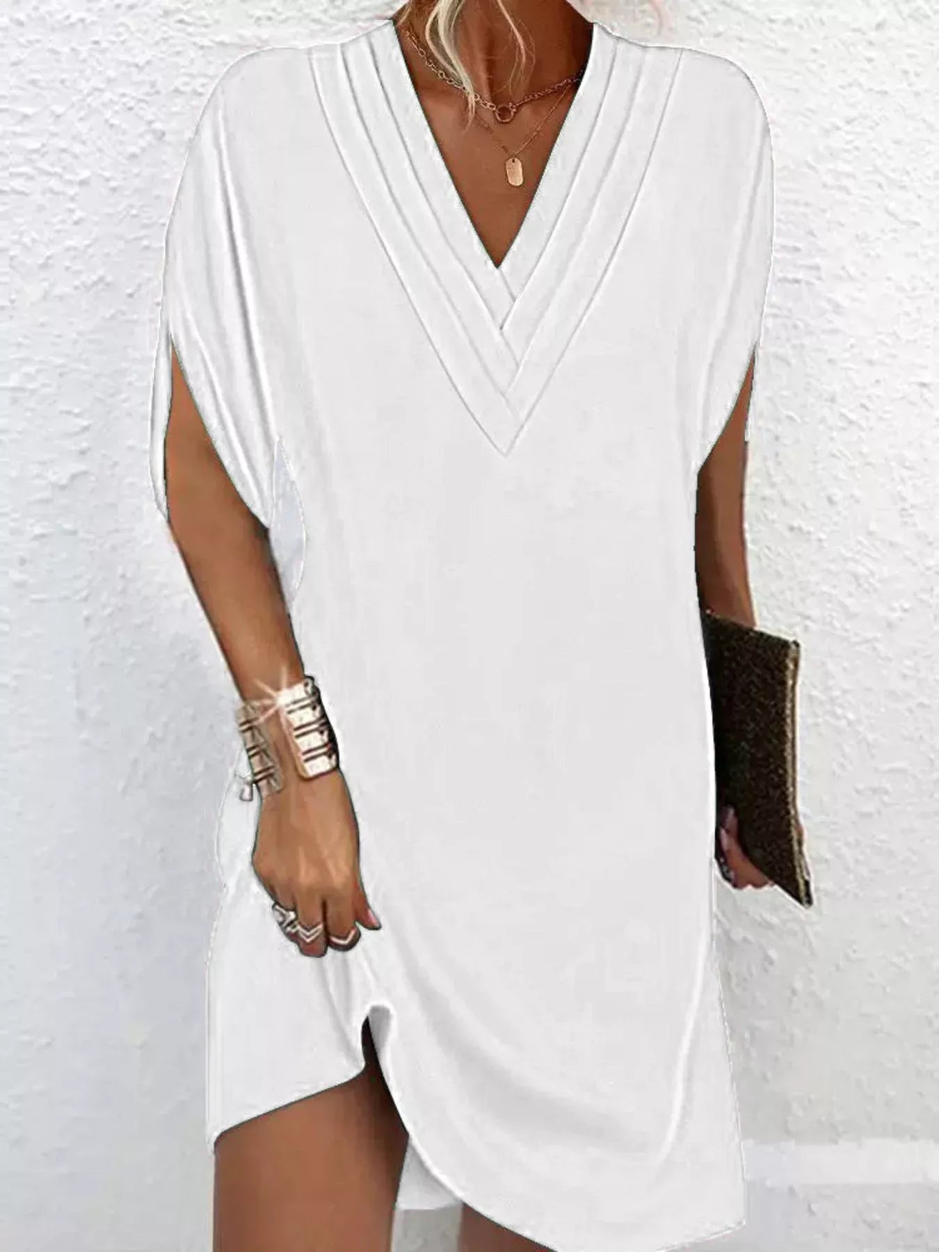 Full Size V-Neck Slit Sleeve Mini Dress Plus Size – view 10 | Lola Mariee