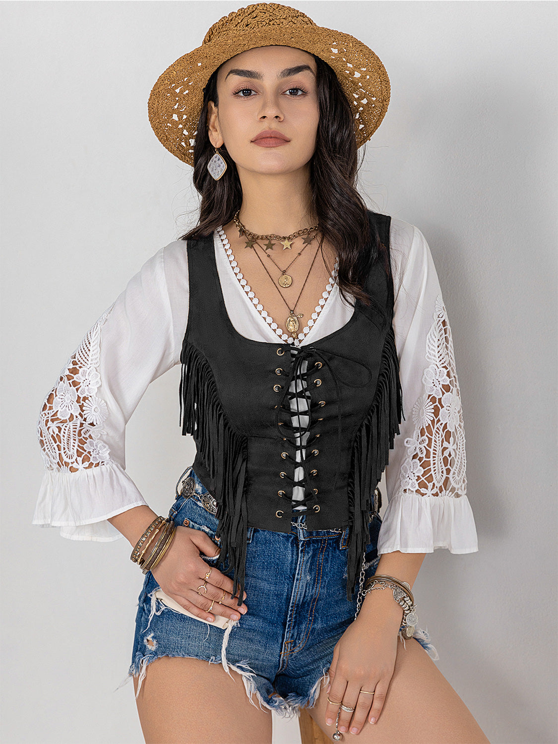 Fringe Lace-Up Vest – view 10 | Lola Mariee