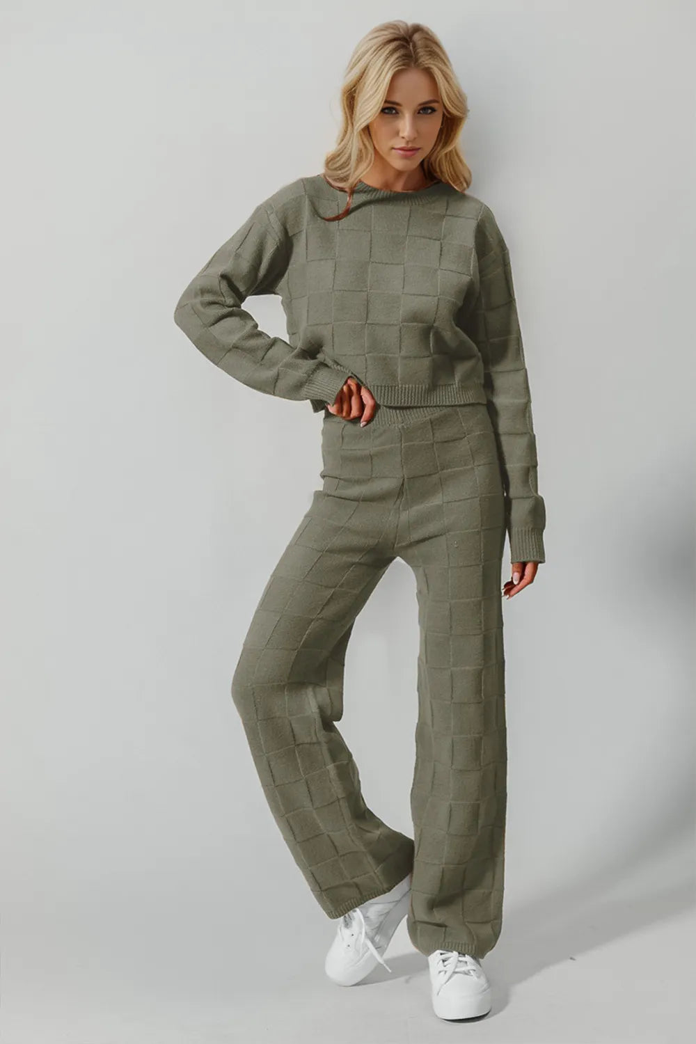 Double Take Full Size Checkered Round Neck Top and Pants Set – view 3 | Lola Mariee