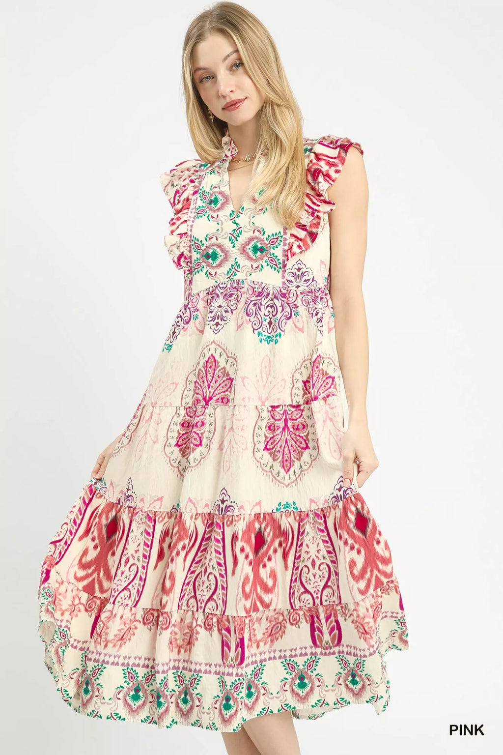 Umgee Boho Boarder Print Ruffle Midi Dress - Trendsi | Lola Mariee