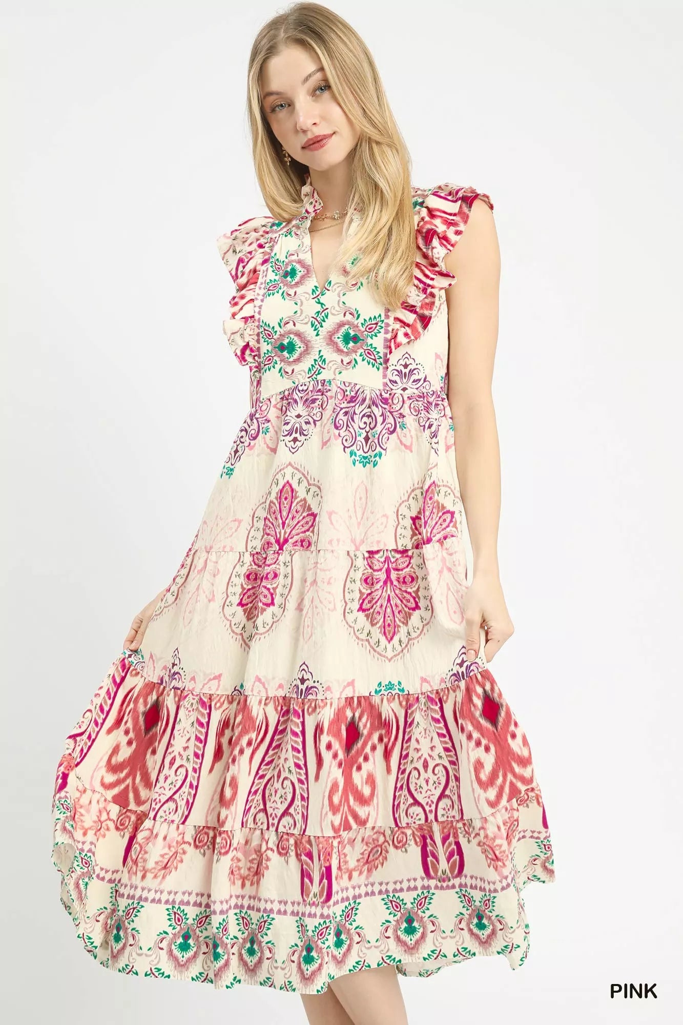 Umgee Boho Boarder Print Ruffle Midi Dress - Trendsi | Lola Mariee