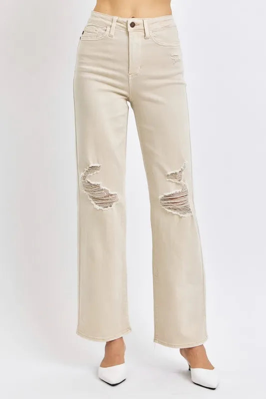 Judy Blue Full Size High Waist Distressed Wide Leg Jeans - women's bottoms at Lola Mariee boutique