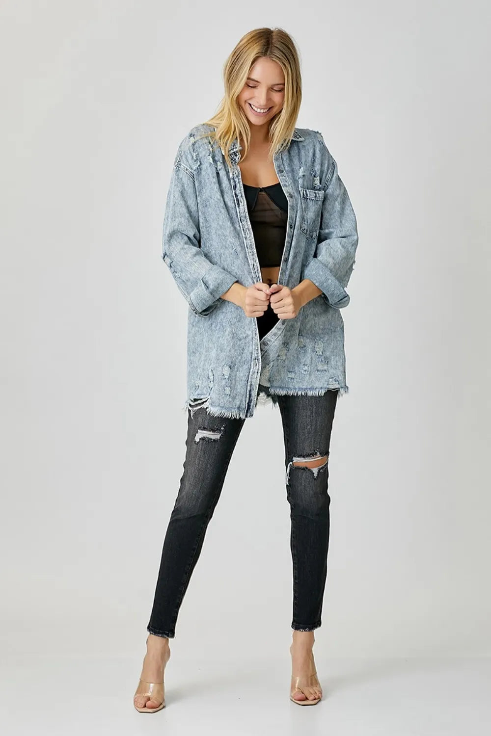 RISEN Distressed Raw Hem Denim Shirt - LOLA MARIEE | Lola Mariee